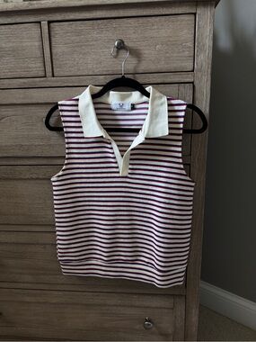 Striped Sleeveless Polo Top in Cream with Red and Blue Stripes